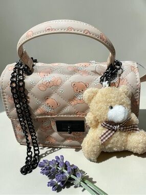 Vegan Pink Quilted Mini Top-Handle Bag with Teddy Charm